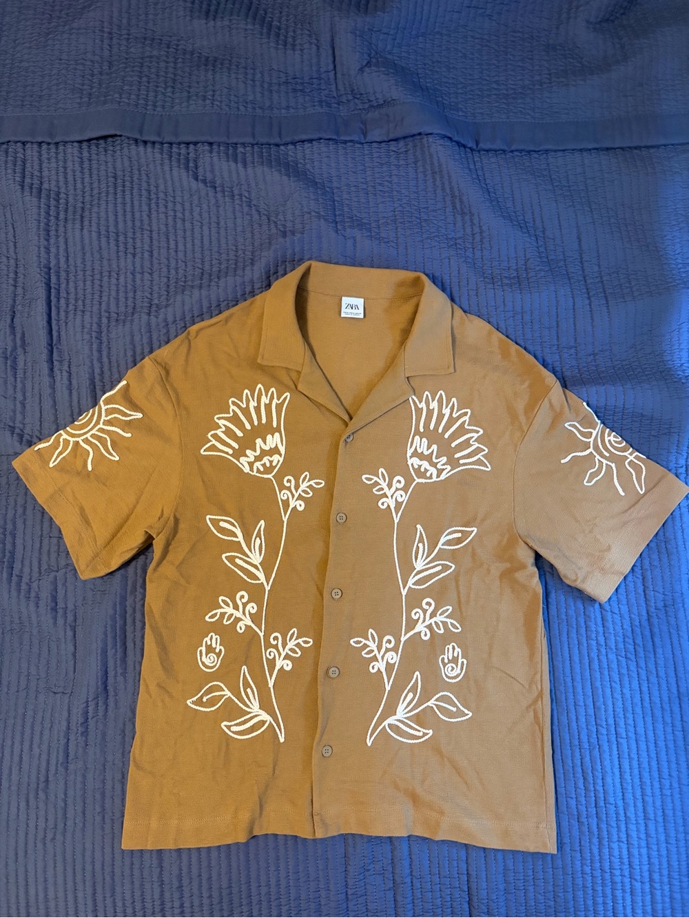 Zara Tan Brown Floral-Embroidered Camp Shirt